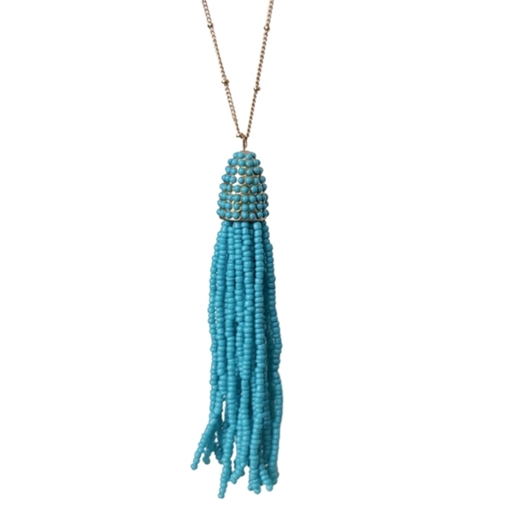 Charming Charlie Gold Blue Turquoise Beaded Fringe Pendant Statement Necklace - Picture 3 of 8